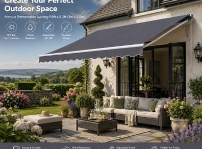 Manual Retractable Awning 9.8ft x 8.2ft 3m x 2.5m Outdoor Patio Sun Shade Dark Grey