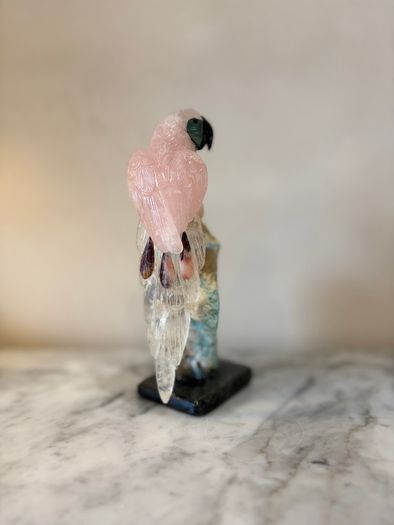 Hand-Carved Rose Quartz Parrot on Raw Amazonite & Crystal Matrix Base