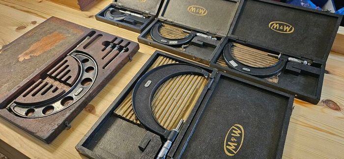 5 boxed micrometers, Starrett and M&W