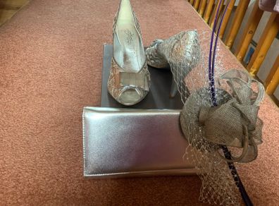 Mother of the Groom outfit. Dress, coat, shoes, bag and facinator.