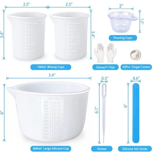Silicone Measuring Cups, Resin Supplies with 600ml/20oz & 100ml Resin Mixing Cups, Easy to Clean, Durable & Flexible, Silicone Stir Sticks, Silicone Cups for Epoxy Resin Mixing (FREE POSTAGE)