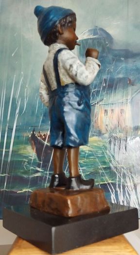 Smoking Boy - Cold Painted Bronze, Marble, Signed