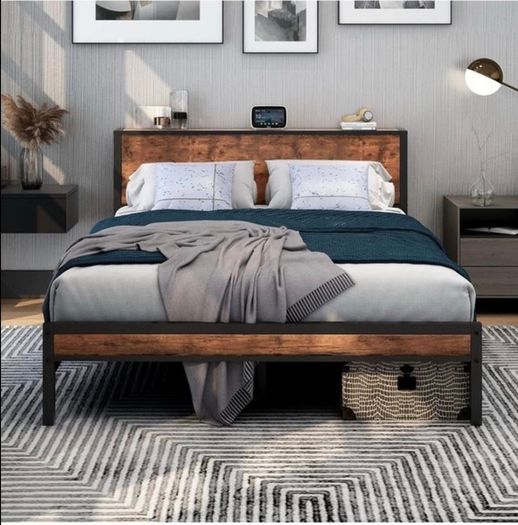 King Size Bed Frame with Storage Wooden Headboard, Metal Bed Frame Kingsize Bed Base/Mattress Foundation, Enhanced Support Noise Free, Textured Black+Brown Oak