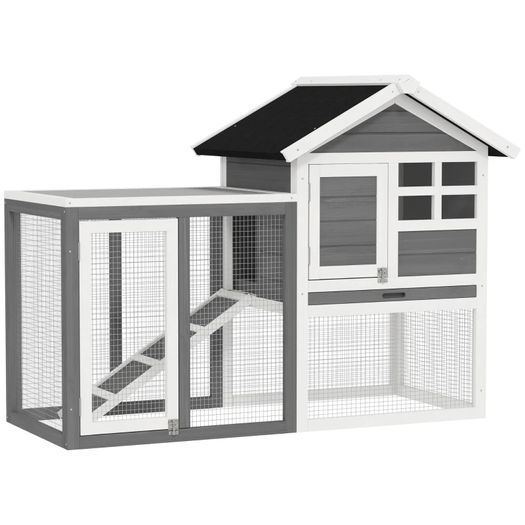 2 Tiers Rabbit Hutch and Run Wooden Guinea Pig Hutch Outdoor with Sliding Tray, Ramp, 122 x 62.6 x 92cm, Grey