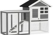 2 Tiers Rabbit Hutch and Run Wooden Guinea Pig Hutch Outdoor with Sliding Tray, Ramp, 122 x 62.6 x 92cm, Grey