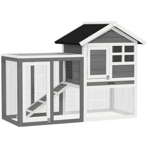 2 Tiers Rabbit Hutch and Run Wooden Guinea Pig Hutch Outdoor with Sliding Tray, Ramp, 122 x 62.6 x 92cm, Grey
