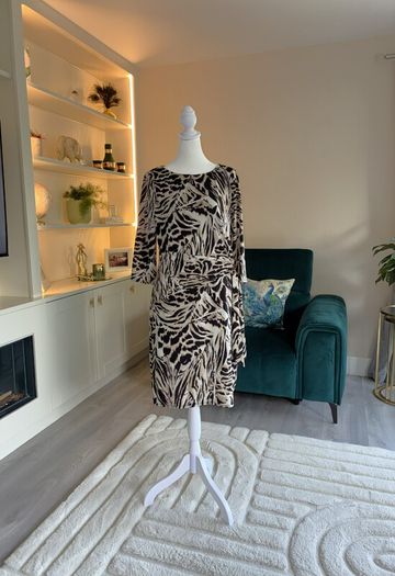 Wallis Ladies Knee-length Black and Beige Animal-print Dress with gathered side tie.