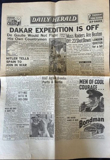 Original Daily Herald Newspaper- 1940 Wartime Edition