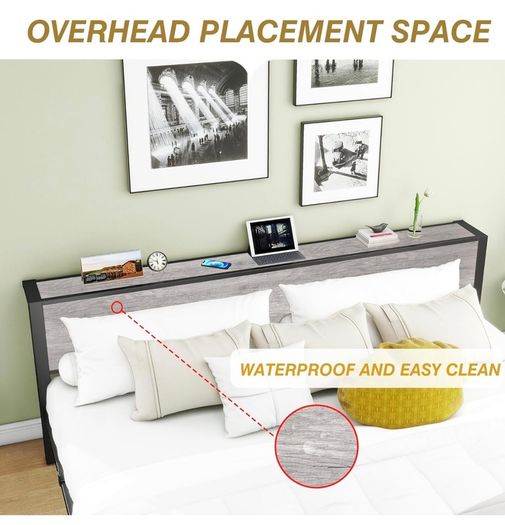 Double Bed Frame Storage Wooden Headboard Metal Platform Grey wood headboard storage shelf. Sturdy metal platform frame, no box spring needed. Quiet strong legs. for master bedroom