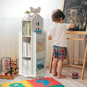 3 Tier Rotating Bookshelf Kids House Shape, Free Standing Revolving Kids Bookcase