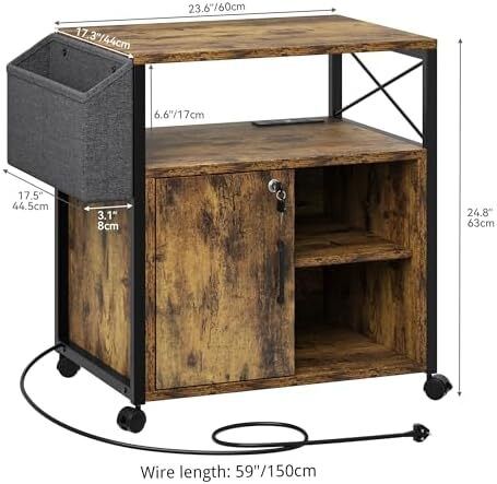 Wooden Printer Stand With Power Outlets, Industrial Storage Cabinet, Print Stand Filing Cabinets with Key, Wooden Sideboard with Open Shelf, Brown