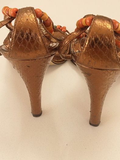 "NINE WEST", Ladies Gold Metallic, colour beaded strapped high heels in good condition