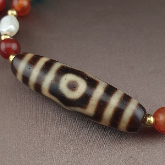 Antique Himalayan Tibetan 3 Eyes Agate Dzi Bead With Mix Lapis,carnelianPearls Necklace