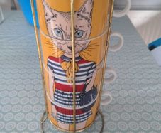 QUEENWEST Trading Company 4 RARE stackable mugs in a stand.Cat cups artistic chic.