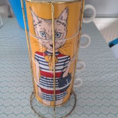 QUEENWEST Trading Company 4 RARE stackable mugs in a stand.Cat cups artistic chic.