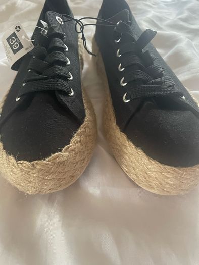 Black Espadrille lace up shoes size UK 6