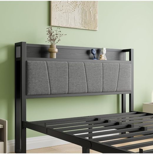 Double Bed Frames with Wooden Storage Headboard,Heavy Duty Metal Upholstered Platform Bed Frame