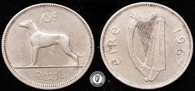 [#407] - Ireland 1967 | 6 Pence | Wolfhound | KM.13a | aUNC