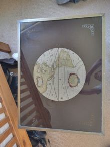 Vintage world map coffee table, two lamps