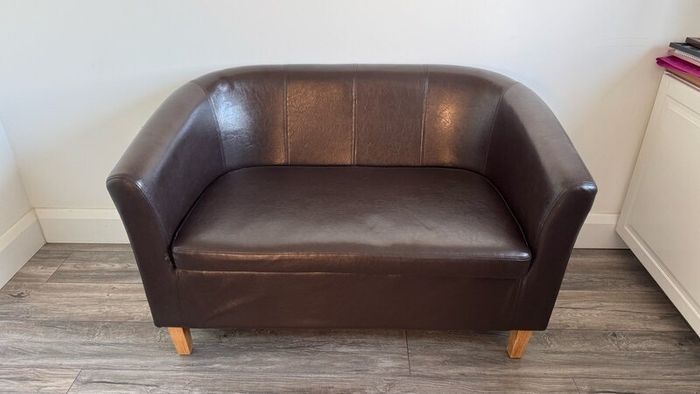 Small Brown Faux Leather Sofa - Like New