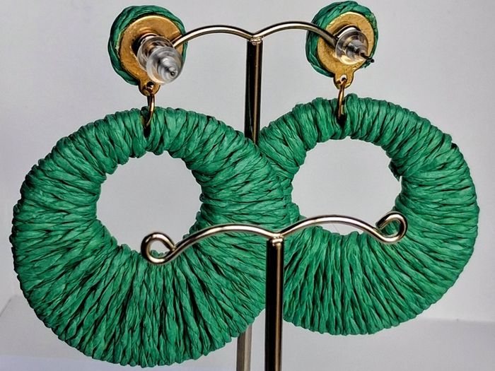 Grass Green Raffia Woven Stud Hollow Out Woven Hoop Earrings