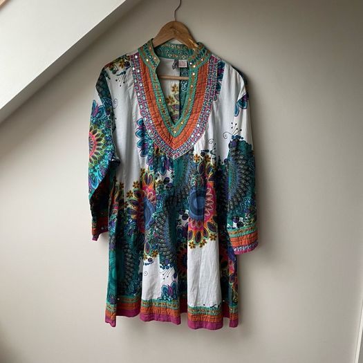 ANU by Natural Boho Tunic Dress Multicolor Paisley Floral Print with Mirror Work & Embroidery Large