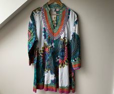 ANU by Natural Boho Tunic Dress Multicolor Paisley Floral Print with Mirror Work & Embroidery Large