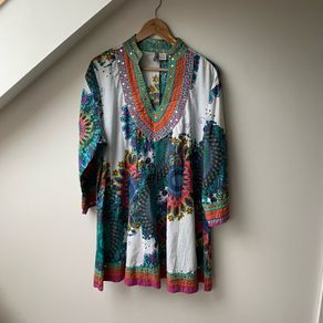 ANU by Natural Boho Tunic Dress Multicolor Paisley Floral Print with Mirror Work & Embroidery Large