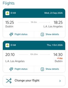 Aer Lingus Dublin - Los Angeles 23 Sep -1 Oct 2026