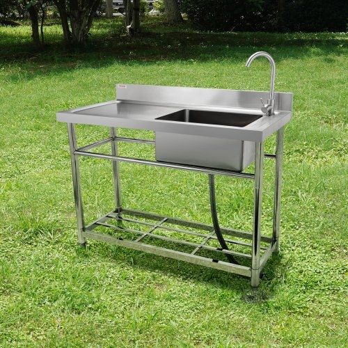 Stainless Steel Utility Sink, 1 Compartment Free Standing Small Sink w/Workbench Faucet & legs, 119.88 x 50.04 x 95 cm Commercial Single Bowl