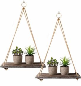 Rustic Shelf 2 Pcs Wooden Floating Shelves with Rope 16.7 inch x 5.4 inch