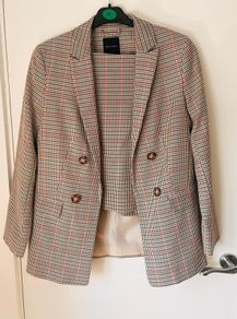 New Look Brown Check Double Breasted Blazer with Skirt