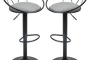 Set of 2 Neo-Retro Bar Stools, Adjustable, 360 Swivel with Metal Footrest, Black Frame, Gray Linen