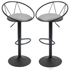 Set of 2 Neo-Retro Bar Stools, Adjustable, 360 Swivel with Metal Footrest, Black Frame, Gray Linen