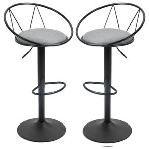 Set of 2 Neo-Retro Bar Stools, Adjustable, 360 Swivel with Metal Footrest, Black Frame, Gray Linen