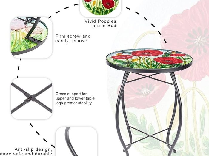 FREE P&P | Outdoor Side Table - Small Mosaic Patio Table, Poppy 14 Inch Accent Round Side Table Glass Plant Stand for Garden Patio Living Room
