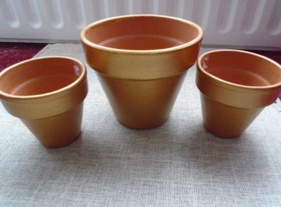 3 x Gold Terracotta pots.Plant pots,Flower pots,Display