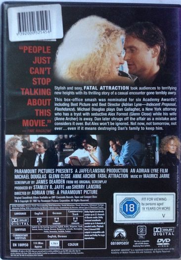 Fatal Attraction [1987] Michael Douglas, Anne Archer & Glenn Close [1xDVD Movie]