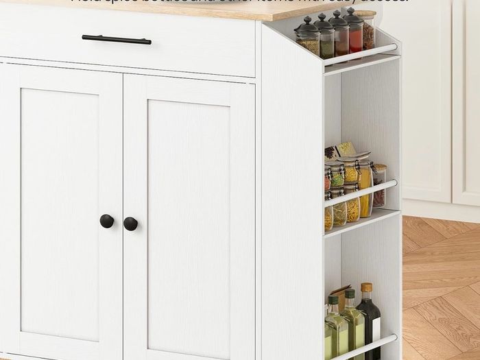 Kitchen Island with Folding Countertop, Kitchen Storage on Wheels White and Natural, Kitchen Island on Wheels, Storage Cabinet with Adjustable Shelf and Towel Rack for Kitchen and Dining Room