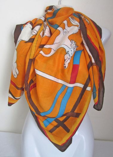 Stylish Ladies Large Orange Scarf Kerchief Wrap Shawl with White Horse Print