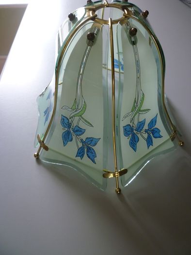 Glass Ceiling Light Shade Frosted Grey, Blue & Green, Gold Trim. SUPER CONDITION