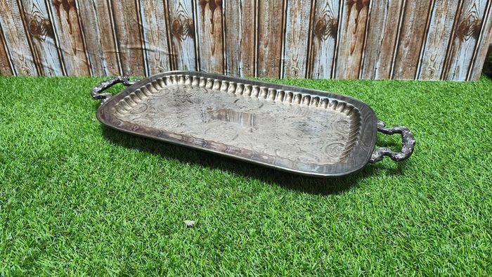 Vintage Silver Plated Butlers Serving Tray Platter Claw Footed 24 inch x 12 inch Leonard English