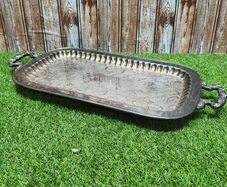 Vintage Silver Plated Butlers Serving Tray Platter Claw Footed 24 inch x 12 inch Leonard English