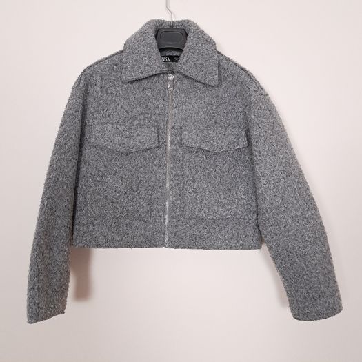 Zara Grey Textured Cropped Zip Up Jacket Size S