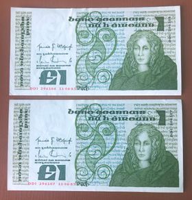 Two irish one pound punt notes