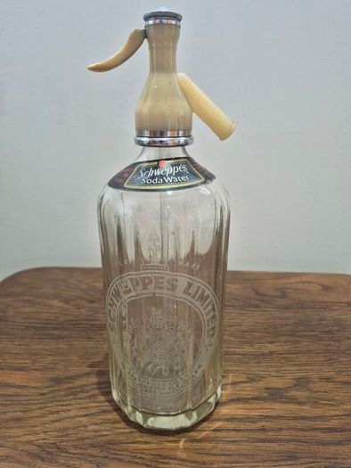 Vintage 1950s Schweppes Glass Soda Siphon - Fully Intact with Original Neck Label