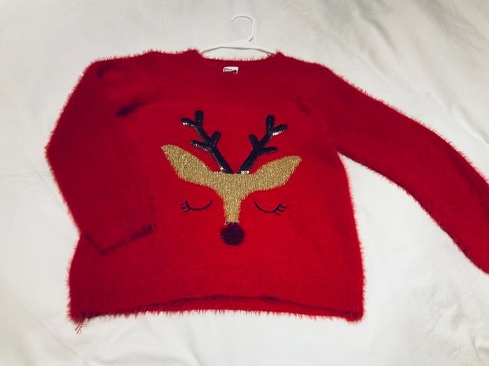 Girls red Christmas jumper fluffy red with cute reindeer motif 10 11