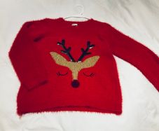 Girls red Christmas jumper fluffy red with cute reindeer motif 10 11