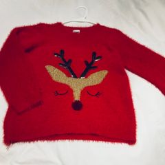 Girls red Christmas jumper fluffy red with cute reindeer motif 10 11