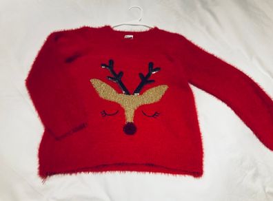 Girls red Christmas jumper fluffy red with cute reindeer motif 10 11